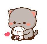 a cartoon cat is holding a smaller cat in its arms .