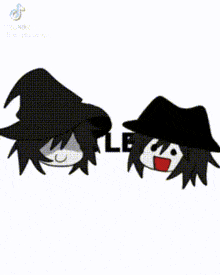 a black and white drawing of a man in a suit and tie standing next to another man in a hat .