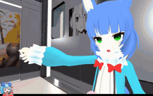 a cartoon character with blue hair and green eyes is standing in front of a wall with a poster that says ' autumn '