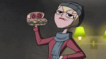 a cartoon character is holding a sandwich in her hand and making an angry face