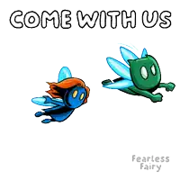 a cartoon of a fly with the words come with us written on it