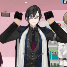 a man in a suit and tie is standing in a pink room