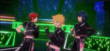 three anime characters are standing next to each other on a stage with neon lights .
