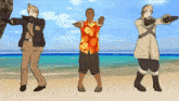 three cartoon characters are dancing on a beach