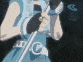 a person in a blue shirt is holding a sword with the letter p on the belt