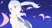 a drawing of a girl with white hair and pink petals falling around her