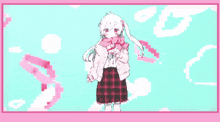 a pixel art drawing of a girl holding a book