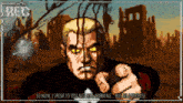 a pixel art of a man pointing at the camera with the words so now i speak to you not as a warning