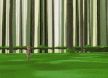 a cartoon character is walking through a forest .