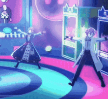 a man and a woman are dancing on a stage in a room with a clock in the background .