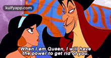 a cartoon of jasmine and jafar from aladdin talking to each other