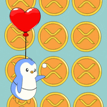 a penguin is holding a red heart shaped balloon surrounded by coins