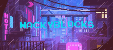 a pixel art of a futuristic city with the words wacky blocks on the bottom