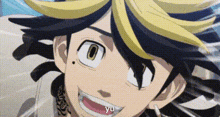 a close up of a person 's face with a yellow and black hair .