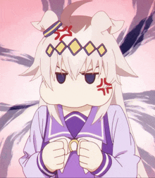 a girl with white hair and a purple shirt has an angry face on her face