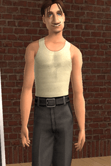a man wearing a white tank top and black pants is standing in front of a brick wall