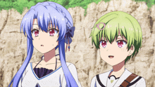 a girl with blue hair and a boy with green hair