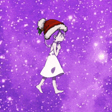 a girl wearing a santa hat is standing in the snow on a purple background