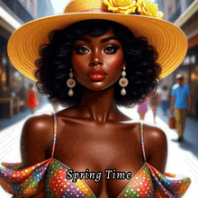a painting of a woman wearing a hat and a colorful dress with the words spring time below her