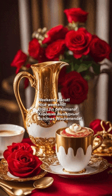 a cup of coffee sits on a saucer next to a pitcher of coffee and roses