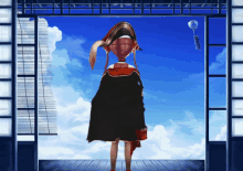 a girl in a black cape stands in front of a blue sky with clouds