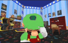 a cartoon character wearing a green hat with a number 10 on it