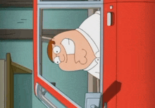 a cartoon character is sticking his head out of a red fridge