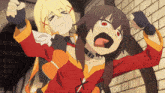 a girl with red eyes is being held by another girl with blonde hair