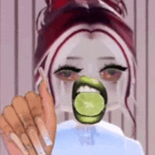 a girl with a lime in her mouth is holding a lime slice .