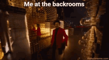 a man in a red jacket is standing in front of a wall with the words me at the backrooms written on it