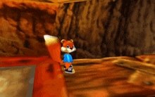 a cartoon squirrel in a blue shirt and blue shoes is standing on a rock