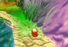 a cartoon character is flying through a green and purple tunnel
