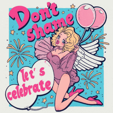 a cartoon illustration of a woman holding balloons with the words " let 's celebrate "