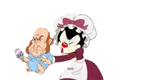 a cartoon character is holding a baby and says " what "