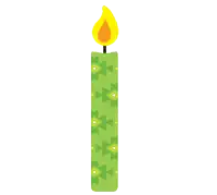 a green candle with a yellow flame is lit up