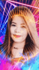 a woman 's face is surrounded by a colorful background with a glowing circle in the middle