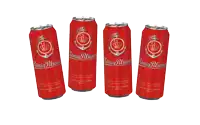 four red cans of konig pilsener beer are lined up in a row