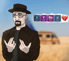 a drawing of a man with a broken heart and the periodic table of the elements behind him