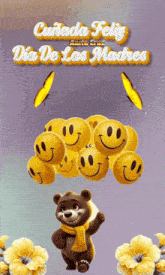 a teddy bear is surrounded by yellow smiley faces and the words " cuidada feliz dia de las madres "