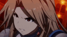 a close up of a brown haired anime girl with a red background .