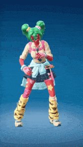 a cartoon character with green hair and red legs is standing on a blue background