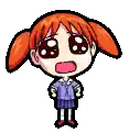 a pixel art drawing of a little girl with red hair and a purple shirt .