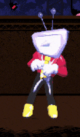a pixel art drawing of a robot with a head that looks like a toilet