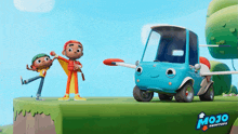 two cartoon characters are standing next to a blue car that says mojo shoptops on the bottom