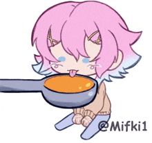 a girl with pink hair is holding a pan of soup .
