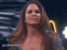 a close up of a woman with the hashtag lialmeida05 on the bottom