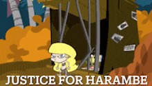 a cartoon of a girl with the words justice for harambe