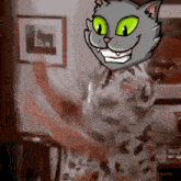 a cartoon cat with green eyes is smiling in front of a framed picture