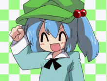 a cartoon character with blue hair and a green hat with two cherries on it