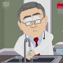 a south park cartoon of a doctor washing his hands in a sink